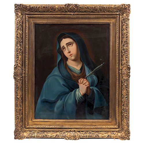 VICENTE CRUZ (MEXICO, 19TH CENTURY). THE SORROWFUL MOTHER. Oil on canvas. Signed "VICENTE CRUZ. PINGEB" and dated "TOLA. DBRE. DE 1843". 27 x 17 in