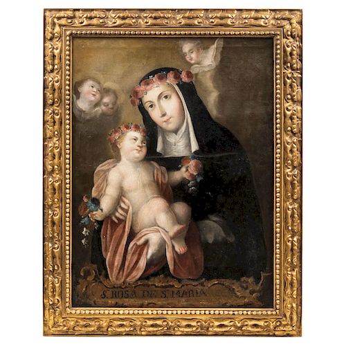 SAINT ROSE OF LIMA. MEXICO, 19TH CENTURY. Oil on canvas. With the legend: "Sta. Rosa de Sta. María". 33 x 25 in