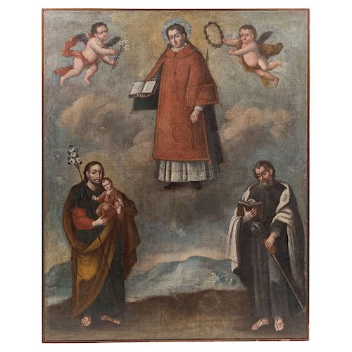PATRONAGE OF SAINT STEPHEN, WITH SAINT JOSEPH AND SAINT SIMON. MEXICO, LATE 18TH CENTURY. Oil on canvas. 42 x 33 in