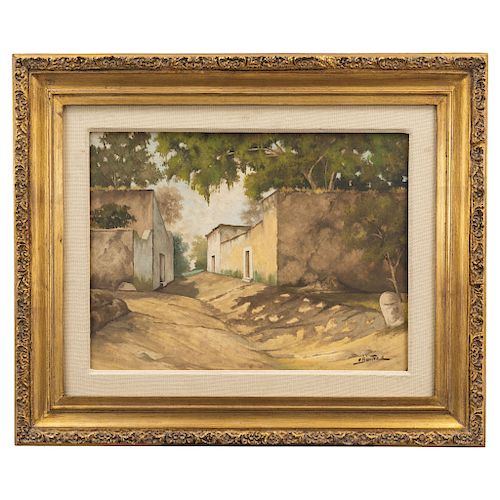 ENRIQUE BENÍTEZ (MEXICO, 1901-1980). PATH WITH HOUSES. Oil on wood. Signed. 14 x 18.5 in