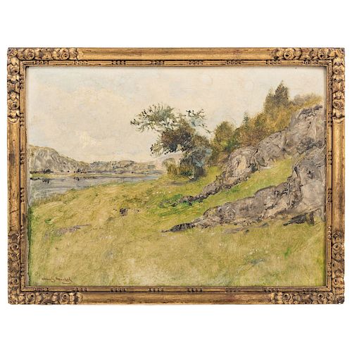 CHARLES MICHEL (BELGIUM, 1874-1967). ROCKY LANDSCAPE WITH LAKE. Oil on cardboard. Signed. 9.5 x 13 in