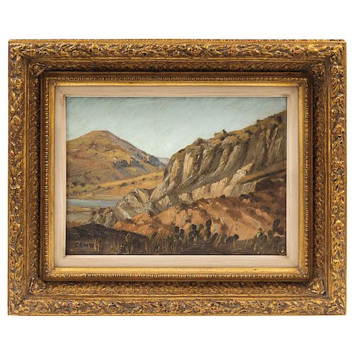 CLEOFAS ALMANZA (MÉXICO, 1850-1925). MOUNTAIN LANDSCAPE WITH NOPALERAS. Oil on cardboard. Signed. 10 x 14 in