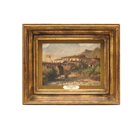 TOWNLEY BENSON (EE. UU. (?), 1848-MEXICO, 1907). MEXICAN VIEW WITH BRIDGE AND CHARACTERS. Oil on canvas. Signed and dated 1895. 10.5 x 14 in