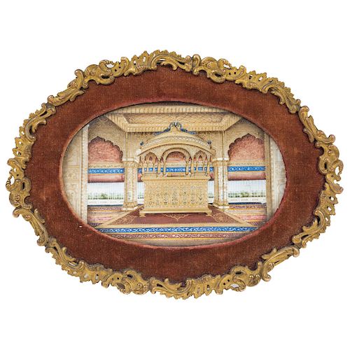 PEACOCK THRONE, DEHLI. ENGLAND, CIRCA 1900. Mixed technique (watercolor, gold, oil) on ivory blade. With gold metal frame and red velvet. 3 x 5 in