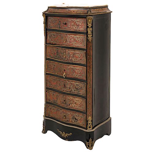 SECRÉTAIRE/CANTERANO. FRANCE, CIRCA 1900. NAPOLEON III Style. BOULLE type. Ebonized wood with bronze aplications and tortoiseshell type pasta. 48.5 x 