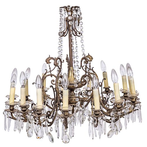 CHANDELIER. FRANCE, CIRCA 1900. MARÍA THERESA Style. Gilded metal with crystal pendants in form of prisms. 25.5 in tall