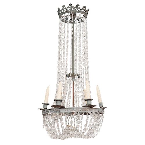 CHANDELIER. FRANCE, LATE 19TH CENTURY. EMPIRE Style. Metal and cut crystal, decorated with chains. 33.5 in tall.