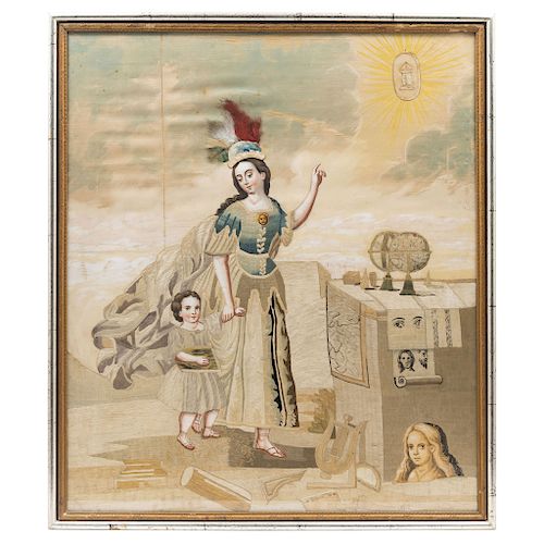 ALLEGORY OF TEACHING. MEXIC, 19TH CENTURY. Embroidered in silk with feather ornaments and oil details. 30 x 25 in