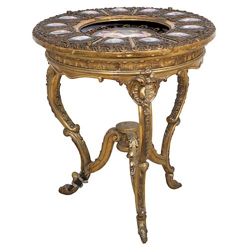 SIDE TABLE. AUSTRIA/GERMANY, LATE 19TH CENTURY. LOUIS XV Style. Gilded wood with cobalt blue porcelain medallions. 31.5 x 27 in