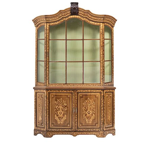 CABINET. DUTCH Style. Veneered wood with bronze details. Decorated with floral marquetry and acanthus. 86.5 x 57.5 x 12 in