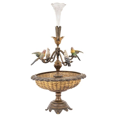 CENTERPIECE (EPERGE). AUSTRIA, FIRSTHALF OF THE 20TH CENTURY. Hand painted bronze, glass and brass. 18.5 in tall. 
