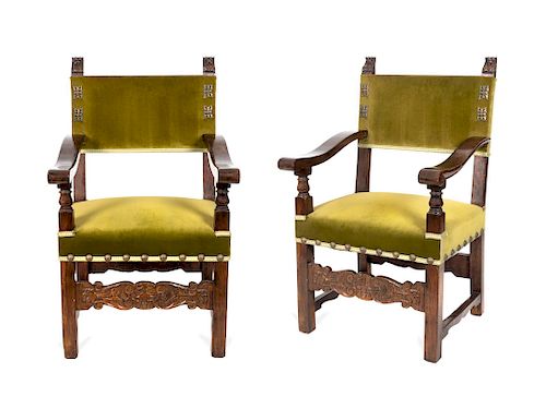 A Set of Eight Italian Renaissance Style Walnut Armchairs 
Height 42 x width 25 x depth 24 3/4 inches.
