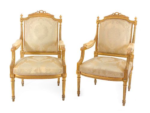 A Pair of Louis XVI Style Carved Giltwood Fauteuils
Height 40 1/2 inches.