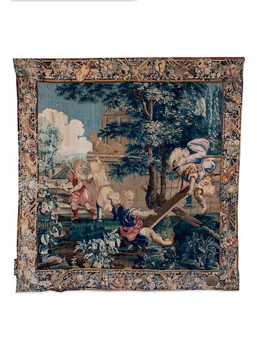 A Beauvais Silk and Wool Tapestry Depicting Les Enfants Jardinieres9 feet 11 inches x 9 feet 8 inches.