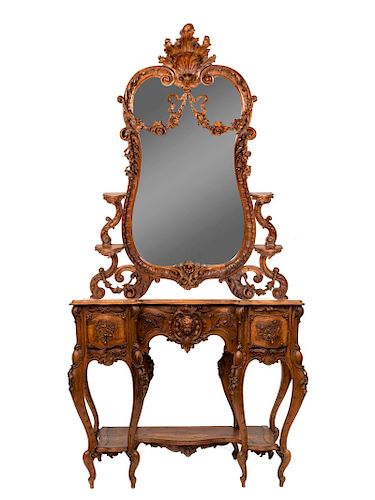 A Belle Epoch Carved Fruitwood Console Table with Mirror
Height overall 94 x width 49 x depth 17 1/4 inches. 