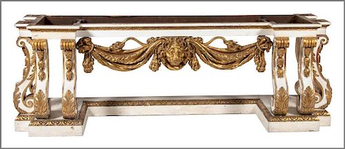 An English Carved, Painted and Giltwood Marble Top Console Table 
Height 34 x width 96 x depth 27 inches.