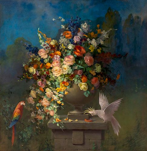 Artist Unknown
(20th Century)
Classical Floral Still Life with Macaw and Cockatoo