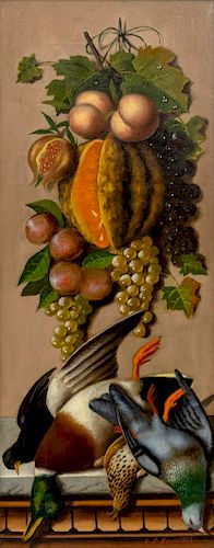 Michelangelo Meucci
(Italian, circa 1840-1909)
Two Works; Still Life with Hanging Fruit and Game Birds, 1906