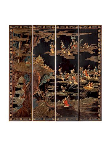 A Chinese Black Lacquer Four-Panel Wall Screen
Each panel, height 68 3/4 x width 16 inches.