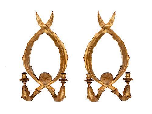 A Pair of Whimsical Mirrored Gilt Wall Sconces
Height 22 1/2 x width 12 x depth 6 inches.