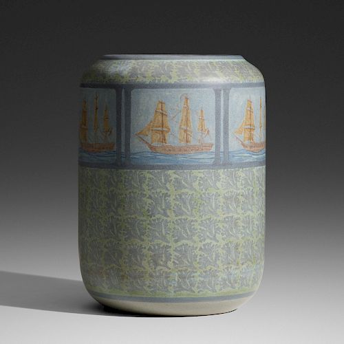 Marblehead Pottery, Exceptional vase with schooners and seaweed