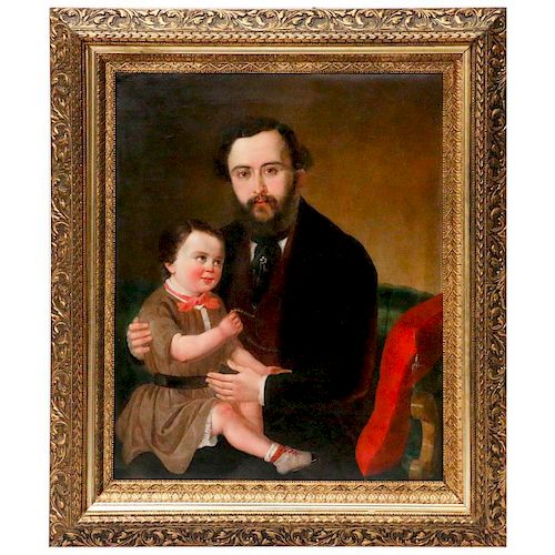 A 19th century oil on canvas portrait of a father and child.