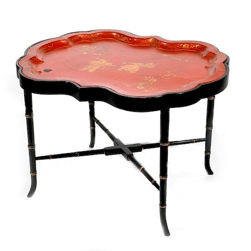 19th century tole tray on stand.