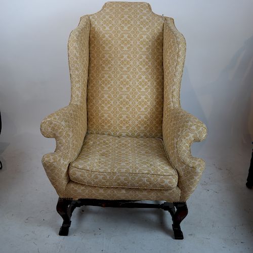 Antique American Wing Chair with Gold Upholstery