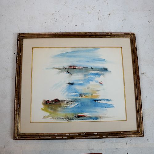 S. GRUBER: Ocean, Boats - Watercolor