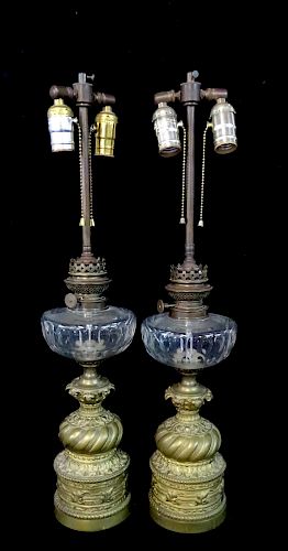 PR. BRONZE & CRYSTAL ELECTRIFIED OIL LAMPS 