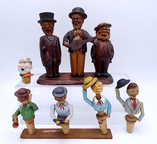 CARVED WOOD FIGURAL STOPPERS & BARWARE