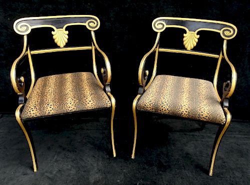 PR. REGENCY STYLE FAUX LEOPARD UPHOLSTERED ARM CHAIRS 