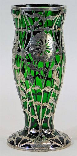 Victorian Silver Overlay Green Art Glass Vase