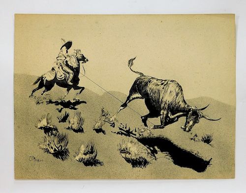 Otto Plaug Jr. Western Cowboy Landscape Drawing