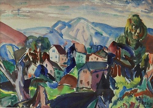 Leighton R. Cram (American, 1895-1981)      Landscape with Houses and Hills.