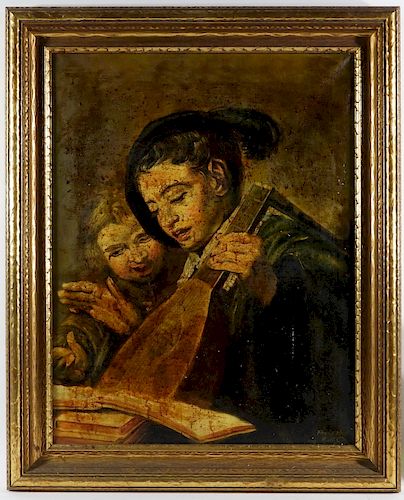 Old Master's Style Young Lute Player O/C Painting