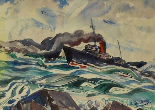Leighton R. Cram (American, 1895-1981)      Steamship on the Ocean.