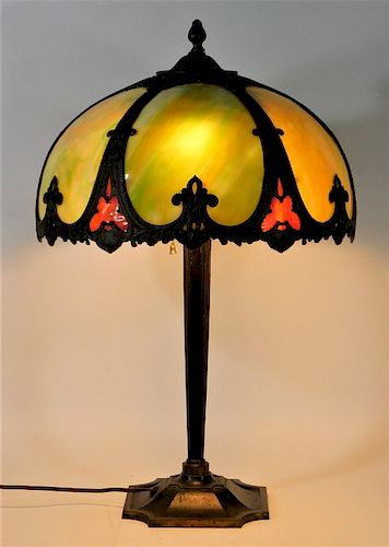 1920s Spelter Slag Glass Panel Lamp