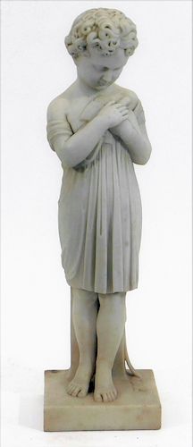 19C. Italian Neoclassical Girl Bird Marble Statue