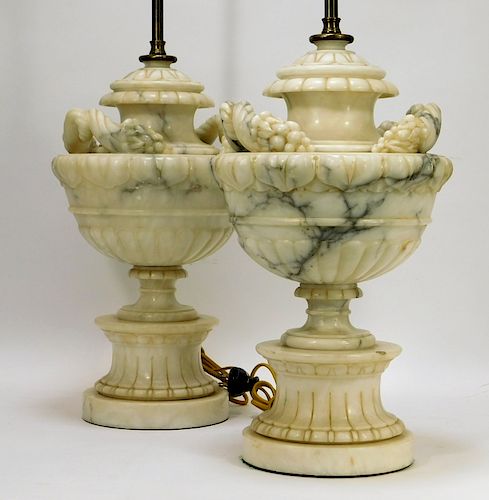 PR Monumental Neoclassical Alabaster Urn Lamps
