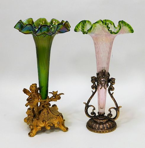 PR Bohemian Frilled Mounted Art Glass Vases