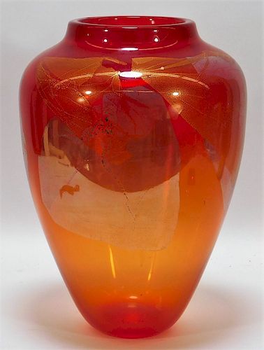 LG Red and Silver Flack Art Glass Vase
