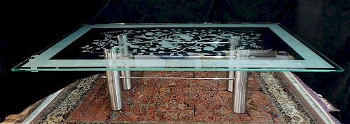 MID CENTURY ETCHED GLASS DINING TABLE