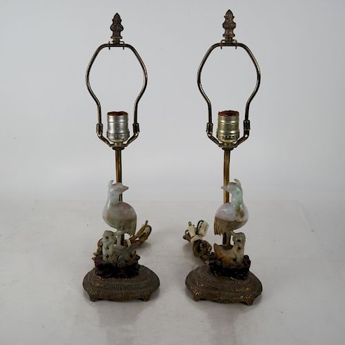 Pair Chinese Jade Bird-Form Lamps