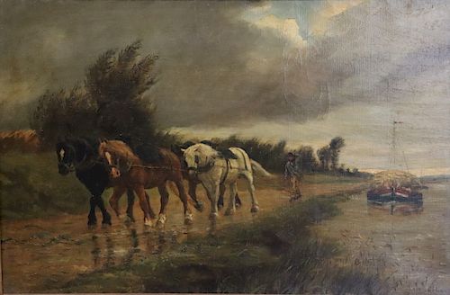 ALFRED ELIAS. Signed Oil On Canvas. Horse Pulling.