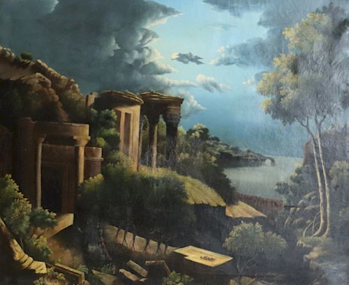 UNSIGNED. Oil On Canvas. Ruins In Landscape.