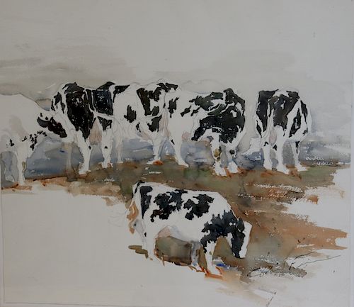 ILLEGIBLY. Signed Watercolor "Holsteins On