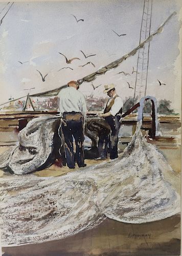 Nat Hayman. Signed Watercolor Fishing Scene