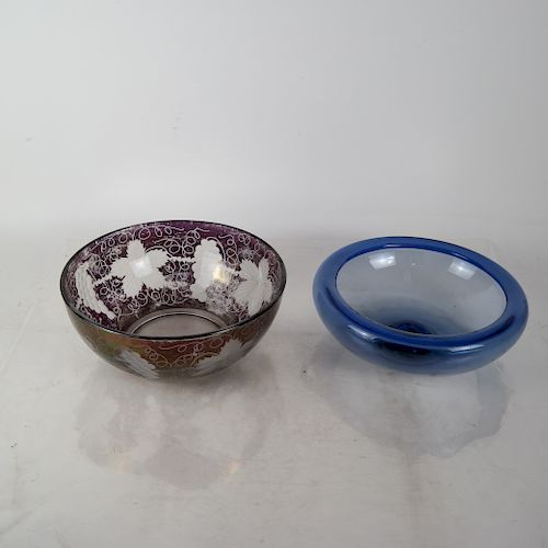 Two Crystal Bowls, Blue & Fruit Design
