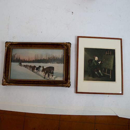 Two Prints: Dogs & Sleigh and Artist